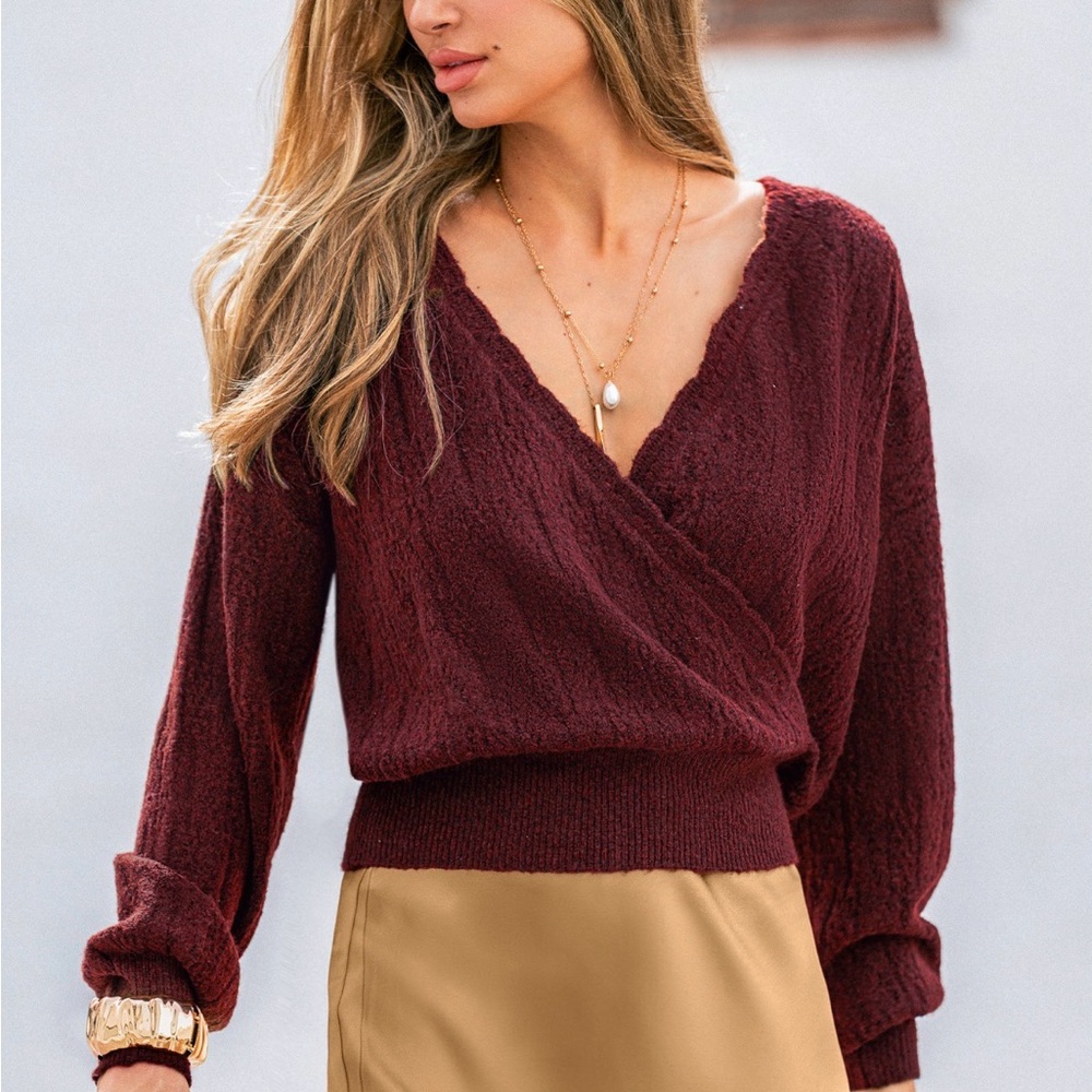 Cupshe Women's Burgundy V-Neck Reversible Sweater - Picture 11 of 11